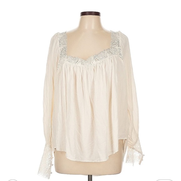 Free People Flutter By NWT Elegant Cream Butterfly Lace Trim Blouse - Picture 2 of 5